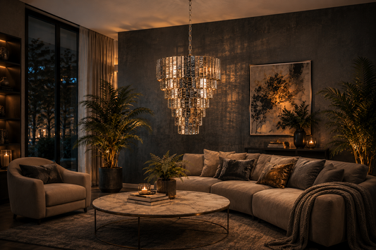 Moderner Glas-Kronleuchter in elegantem Wohnzimmer.