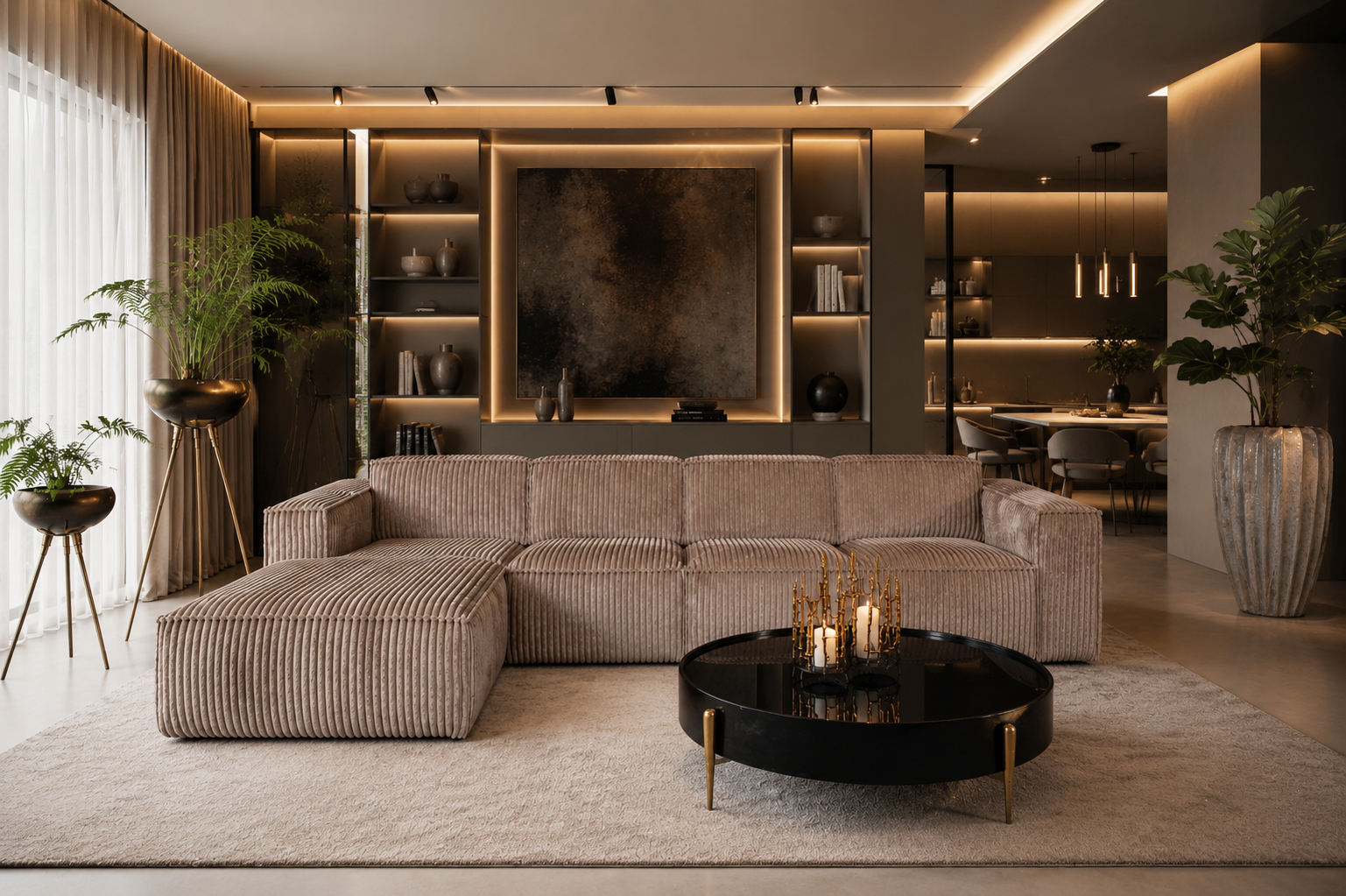 Luxuriöses Design-Wohnzimmer mit modernem Cord-Sofa in Taupe, hochwertiger Beleuchtung und exklusiver Interior-Architektur für stilvolle Wohn- und Objektprojekte

Elegantes Statement-Sofa in warmer Taupe-Farbe kombiniert mit moderner Lichtplanung, edlen Materialien und luxuriösem Ambiente für anspruchsvolle Interior- und Hospitality-Konzepte