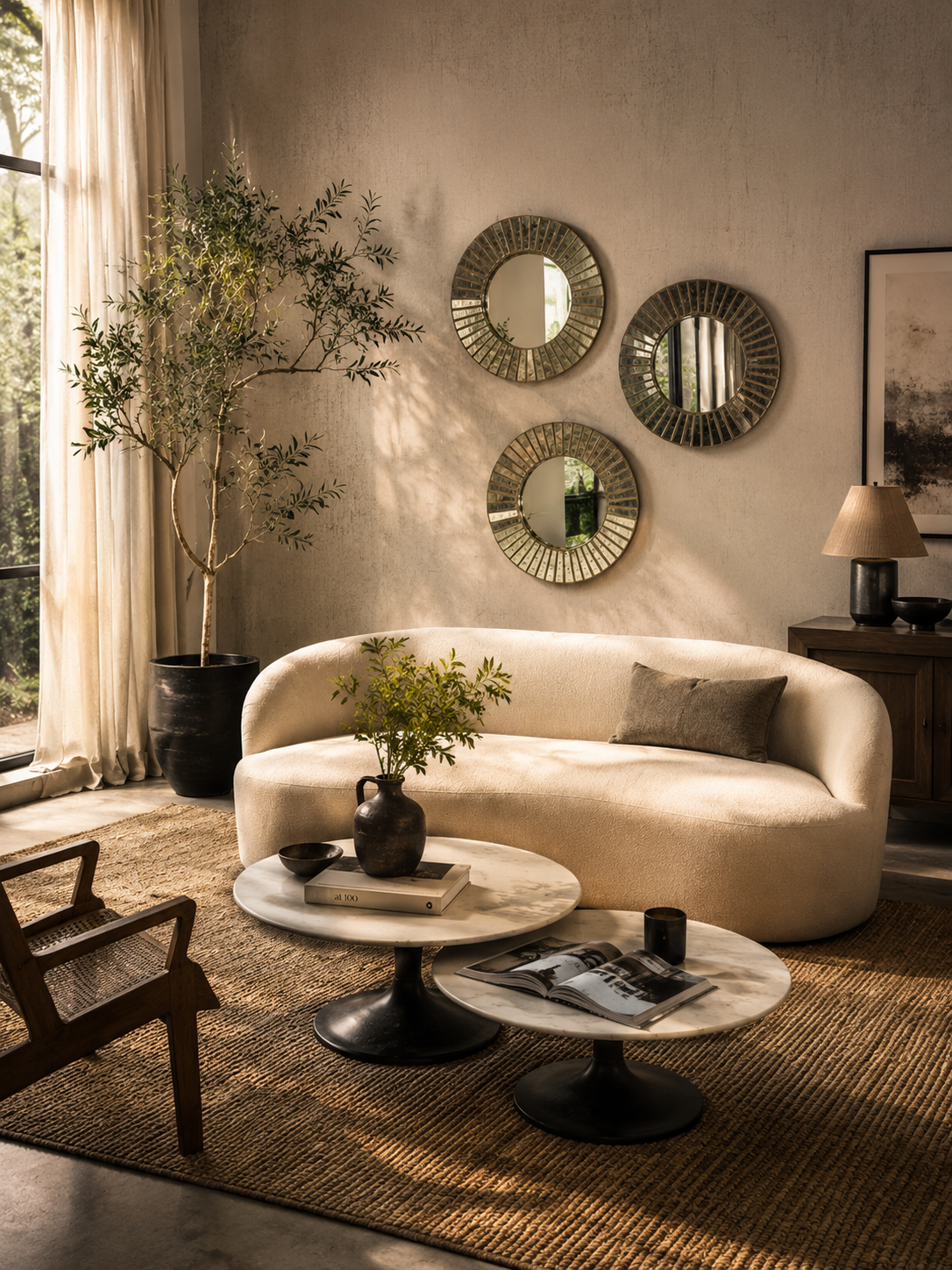 Cremefarbenes, geschwungenes Designer-Sofa in modernem Wohnraum mit Marmortischen und dekorativen Wandspiegeln.