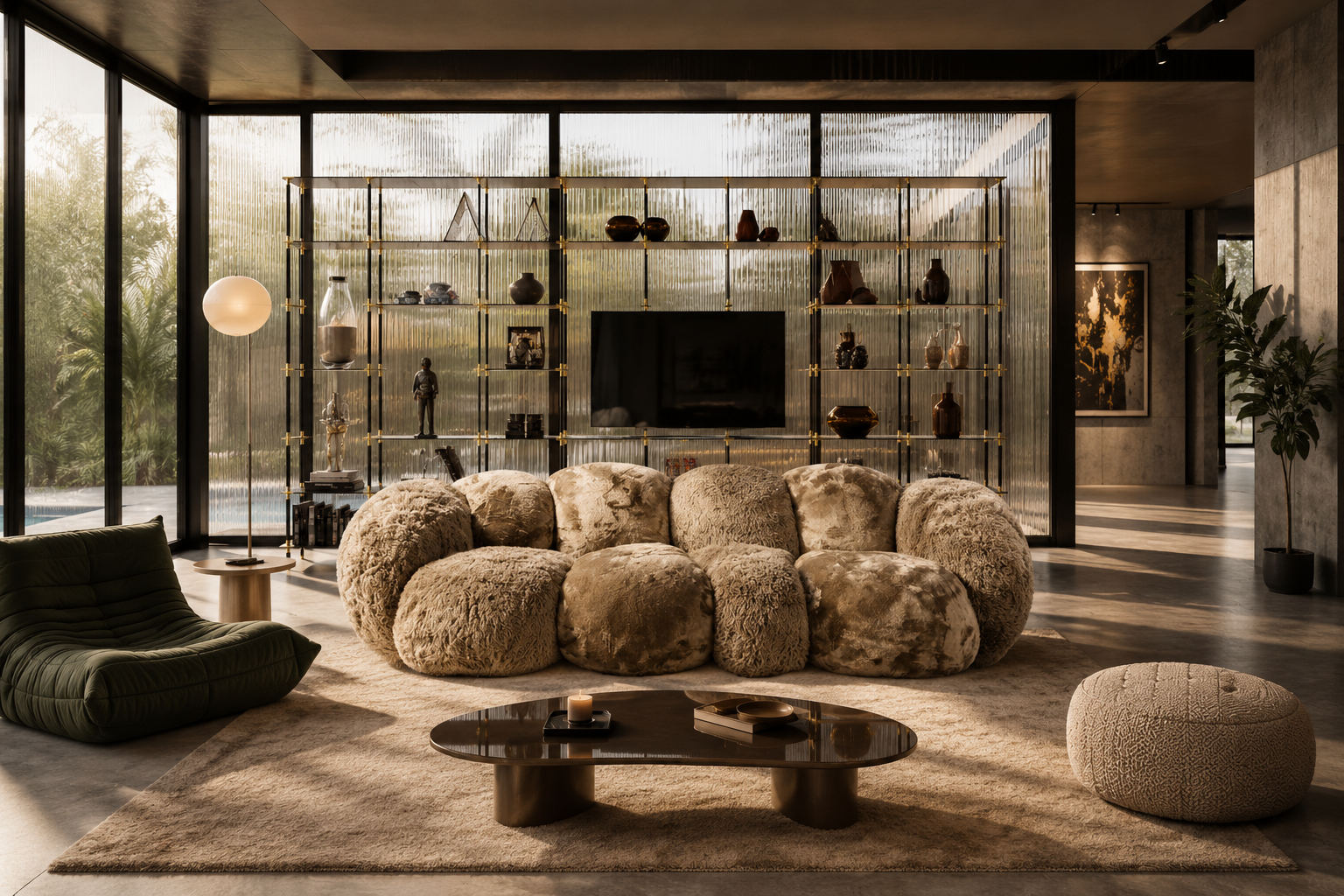 Modernes Design-Wohnzimmer mit zwei luxuriösen Statement-Sofas in Creme und Taupe vor eleganter Wohnwand in jugendlicher Interior-Umgebung

Luxuriöse Lounge mit zwei organisch geformten Sofas, hochwertiger Design-Wohnwand und moderner Architektur in breiter Raumansicht
