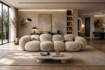 Modernes Design-Wohnzimmer mit zwei luxuriösen Statement-Sofas in Creme und Taupe vor eleganter Wohnwand in jugendlicher Interior-Umgebung

Luxuriöse Lounge mit zwei organisch geformten Sofas, hochwertiger Design-Wohnwand und moderner Architektur in breiter Raumansicht