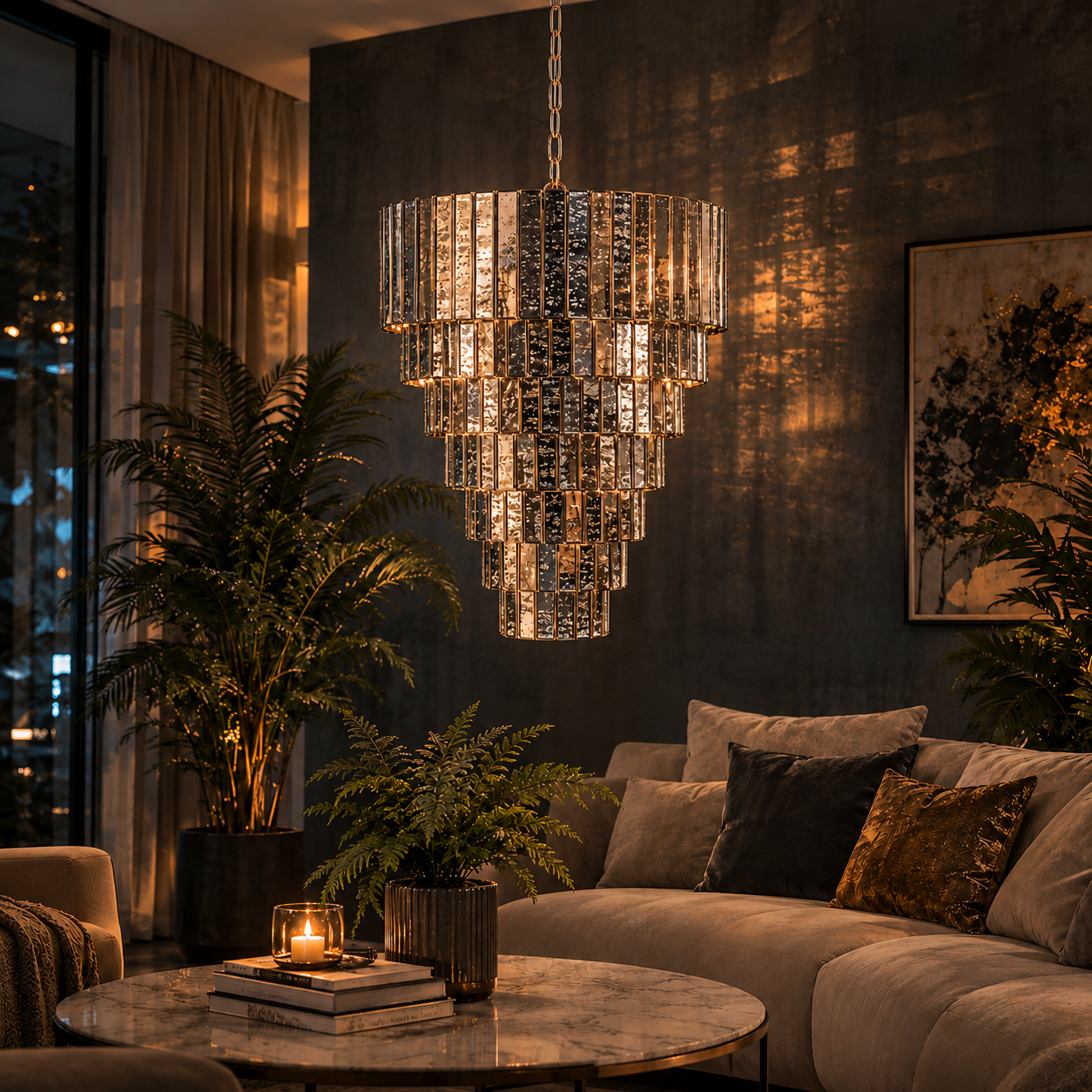 Moderner Glas-Kronleuchter in elegantem Wohnzimmer.