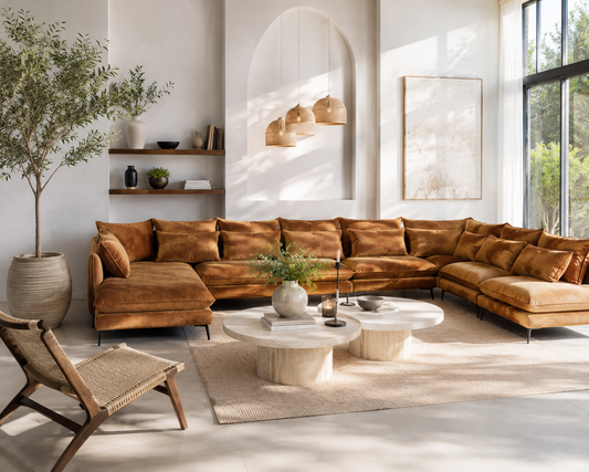 Modernes Ecksofa in warmem Cognac-Ton in hellem Designer-Wohnzimmer mit natürlichen Materialien und modernem Interior.