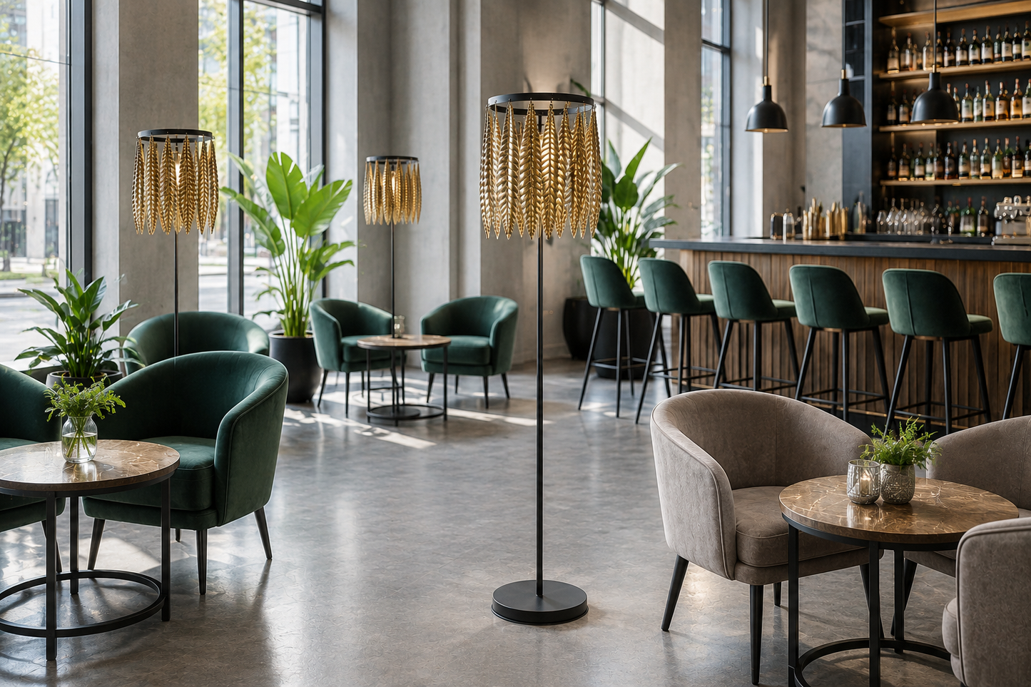 Design-Stehleuchte aus Metall in luxuriösem Lounge- und Barambiente.