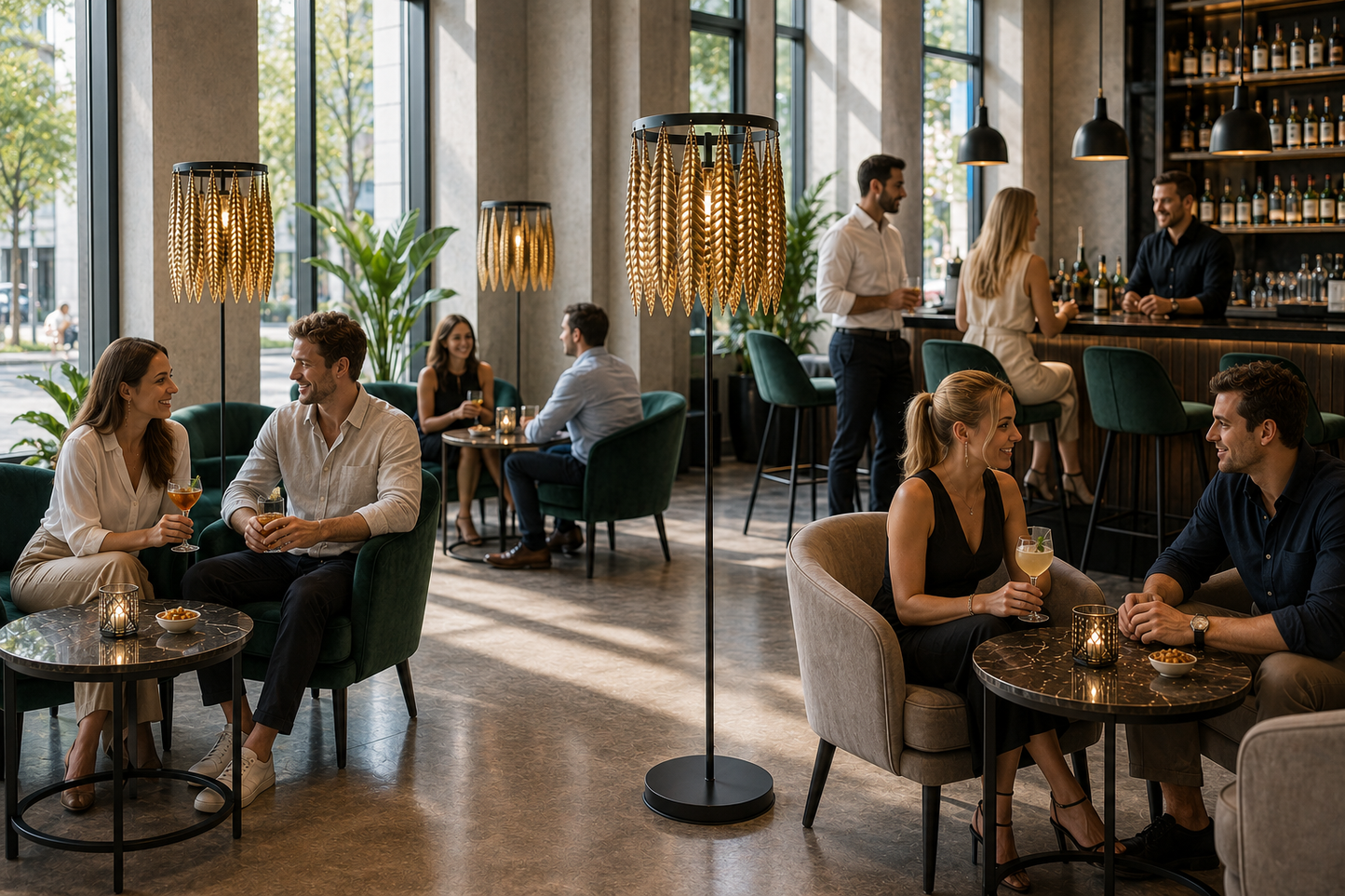 Design-Stehleuchte aus Metall in luxuriösem Lounge- und Barambiente.