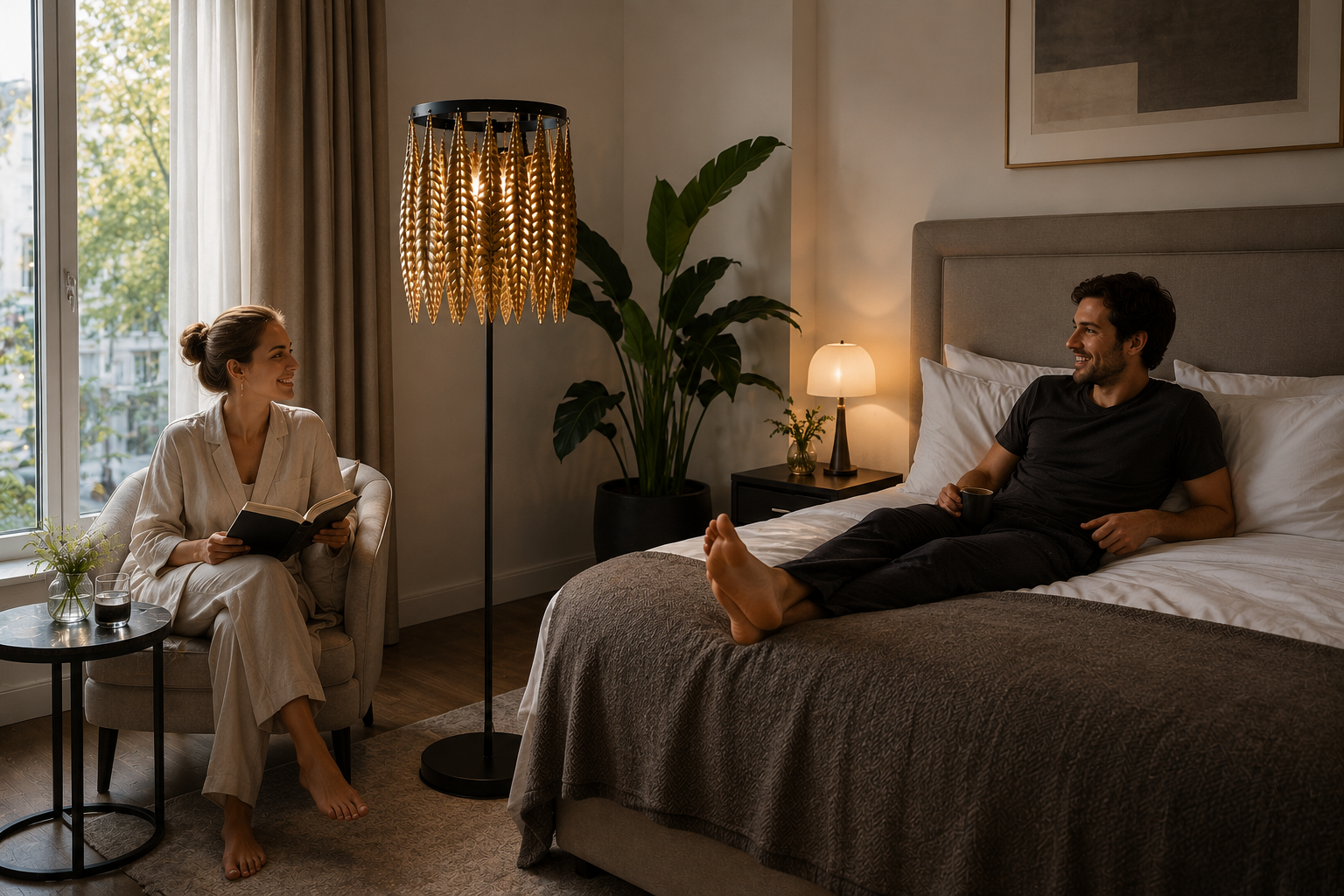 Luxuriöse Stehleuchten aus Metall neben modernem Bett im eleganten Schlafzimmer.