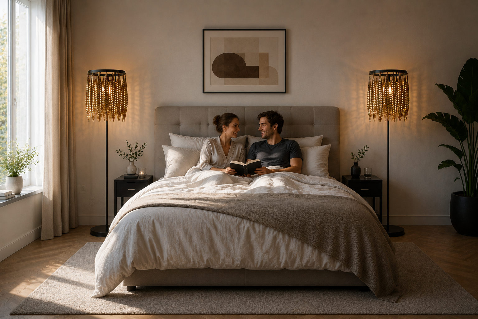 Luxuriöse Metall-Stehleuchte neben modernem Bett im eleganten Schlafzimmerambiente.