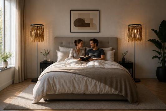 Luxuriöse Metall-Stehleuchte neben modernem Bett im eleganten Schlafzimmerambiente.