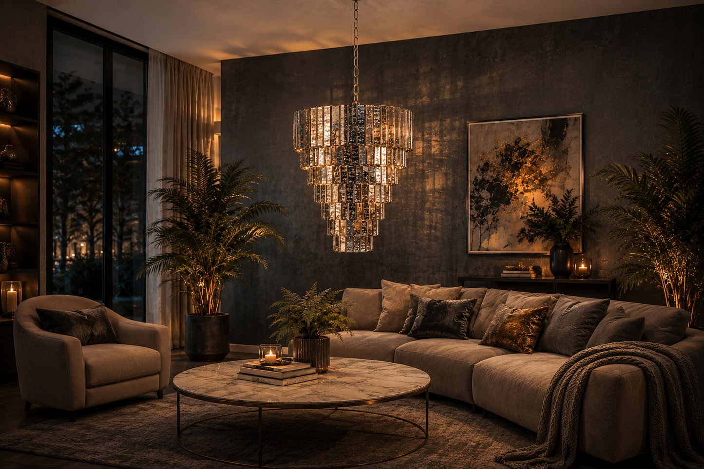 Moderner Glas-Kronleuchter in elegantem Wohnzimmer.
