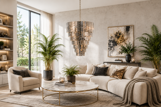 Elegantes Wohnzimmer mit modernem Kronleuchter in hellem Tageslicht-Ambiente.