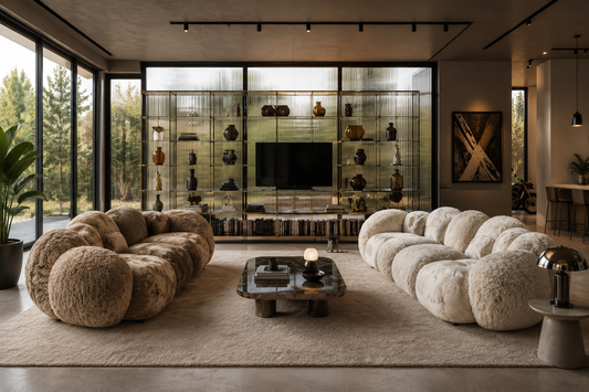 Modernes Design-Wohnzimmer mit zwei luxuriösen Statement-Sofas in Creme und Taupe vor eleganter Wohnwand in jugendlicher Interior-Umgebung

Luxuriöse Lounge mit zwei organisch geformten Sofas, hochwertiger Design-Wohnwand und moderner Architektur in breiter Raumansicht