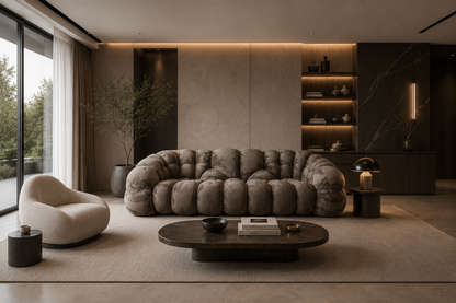 Luxuriöses Design-Wohnzimmer mit exklusivem Statement-Sofa in Taupe, moderner Beleuchtung und hochwertigem Interior-Konzept für stilvolle Wohn- und Objektbereiche