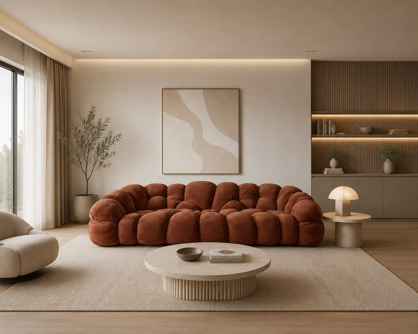 Luxuriöses Design-Wohnzimmer mit exklusivem Statement-Sofa in Taupe, moderner Beleuchtung und hochwertigem Interior-Konzept für stilvolle Wohn- und Objektbereiche