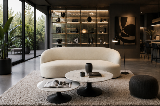 Luxuriöses Design-Wohnzimmer mit elegantem Curved-Sofa in Creme, moderner Beleuchtung und hochwertiger Interior-Architektur für stilvolle Wohn- und Objektkonzepte

Modernes Statement-Sofa in exklusiver Designumgebung mit edlen Materialien, stimmungsvoller Beleuchtung und luxuriösem Ambiente für anspruchsvolle Interior-Projekte