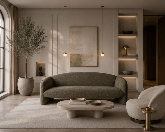 Elegantes Designer-Sofa in modernem Luxus-Wohnzimmer mit goldenen Pendelleuchten und warmen Naturtönen.