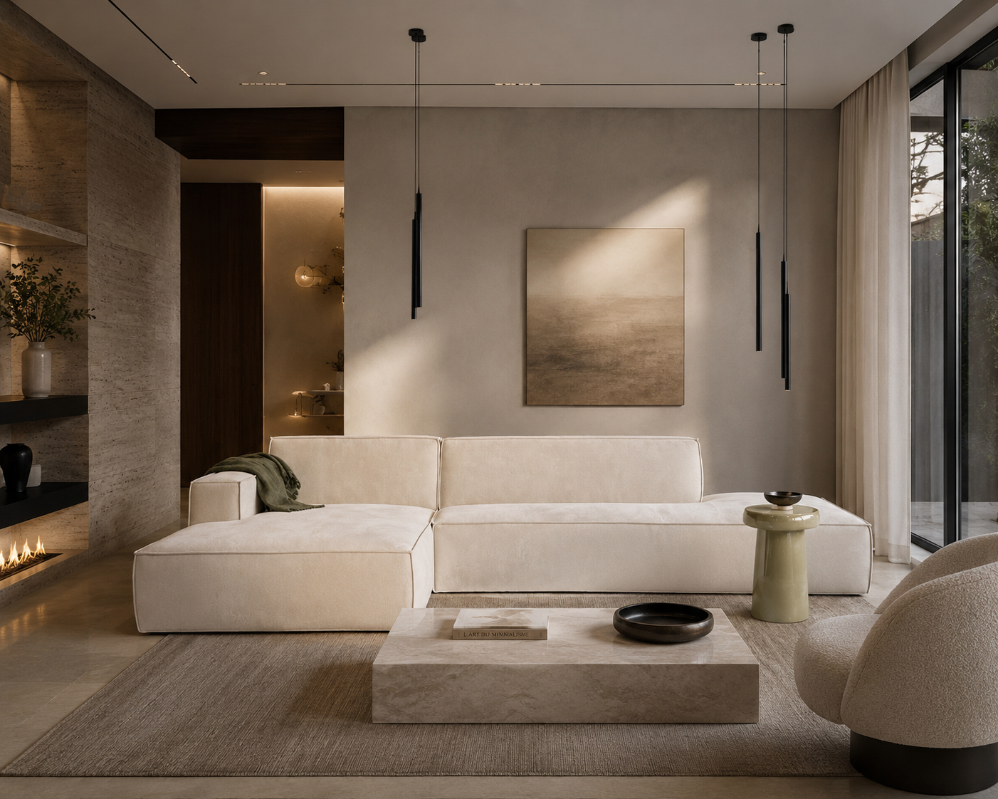 Modernes cremefarbenes Designer-Sofa in luxuriösem Wohnraum mit minimalistischen Hängeleuchten und elegantem Interior.