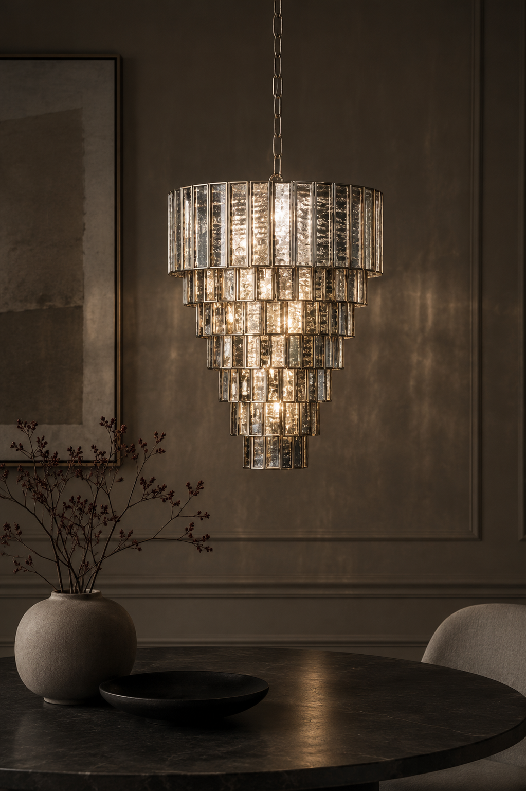 Elegante silberne Designer-Hängeleuchte mit gestuftem Glasdesign für moderne Wohn- und Gastrobereiche.